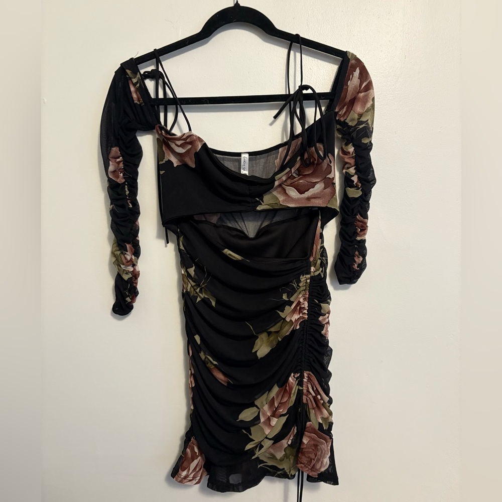 Floral Ruched Black Dress